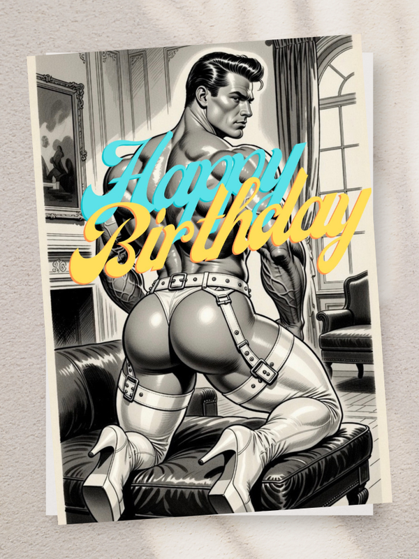 Adult Greeting Card | Happy Birthday Leather Butt Hunk | Cheeky BDSM Pose | Gay Erotic Humor | Single or 5-Pack