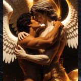 Gay Erotic Art Print | Angelic Lovers Embracing & Kissing | Muscular Winged Homoerotic Fantasy | Celestial Male Nude Wall Art | 4 Sizes