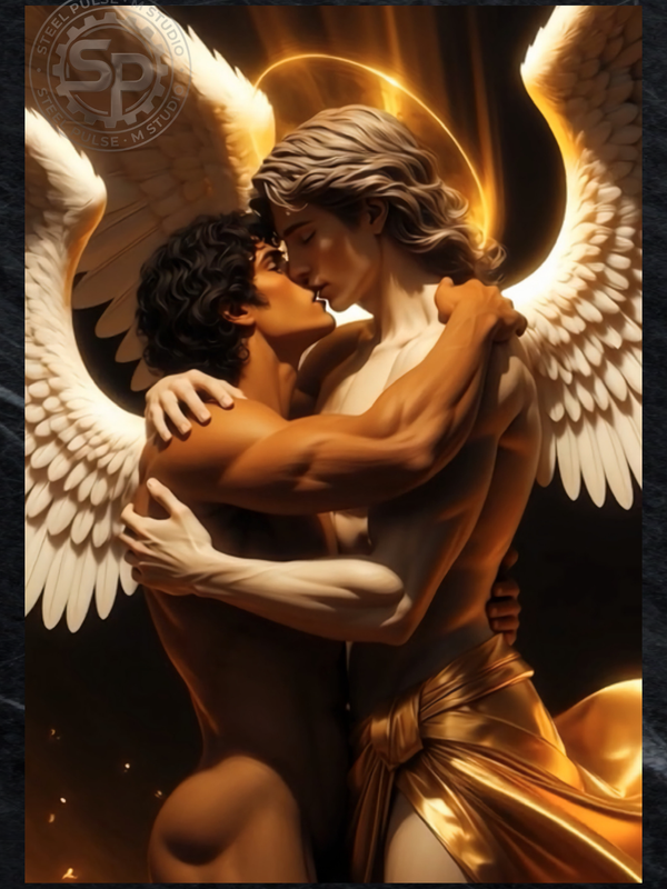 Gay Erotic Art Print | Angelic Lovers Embracing & Kissing | Muscular Winged Homoerotic Fantasy | Celestial Male Nude Wall Art | 4 Sizes