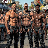 Gay Pride Leather Street Festival Art Print, Muscular Men Comic Illustration, Chaps and Harness LGBTQ+ Wall Decor, Moody SF Folsom Inspired