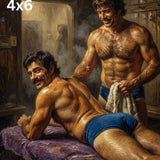 Masculine Impasto Oil Painting Print, Vintage Bathhouse Sauna Art Poster