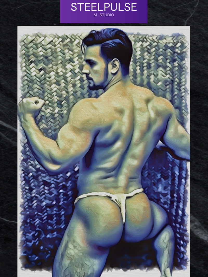 Erotic Art Print | Muscular Male Flex Back | Blue Tonal Gay NSFW Art | Jockstrap Figure Print | 4 Sizes