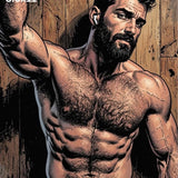 Bearded Man Comic Art Print, Muscular Hairy Male Portrait Illustration, Rustic Wooden Background Wall Decor, Athletic Guy Fine Art