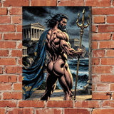 Poseidon Greek Mythology Comic Art Print, God of the Sea Wall Decor, Muscular Poseidon Trident Illustration, Ancient Greece Parthenon Poster