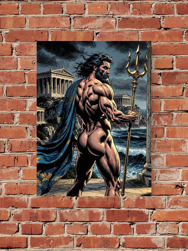 Poseidon Greek Mythology Comic Art Print, God of the Sea Wall Decor, Muscular Poseidon Trident Illustration, Ancient Greece Parthenon Poster