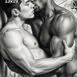 Male Couple Embrace Sketch Print, Romantic Manga Wall Art, Charcoal Illustration Poster
