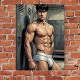 Manga Locker Room Print, Muscular Asian Man, Comic Fitness Art, Wall Decor