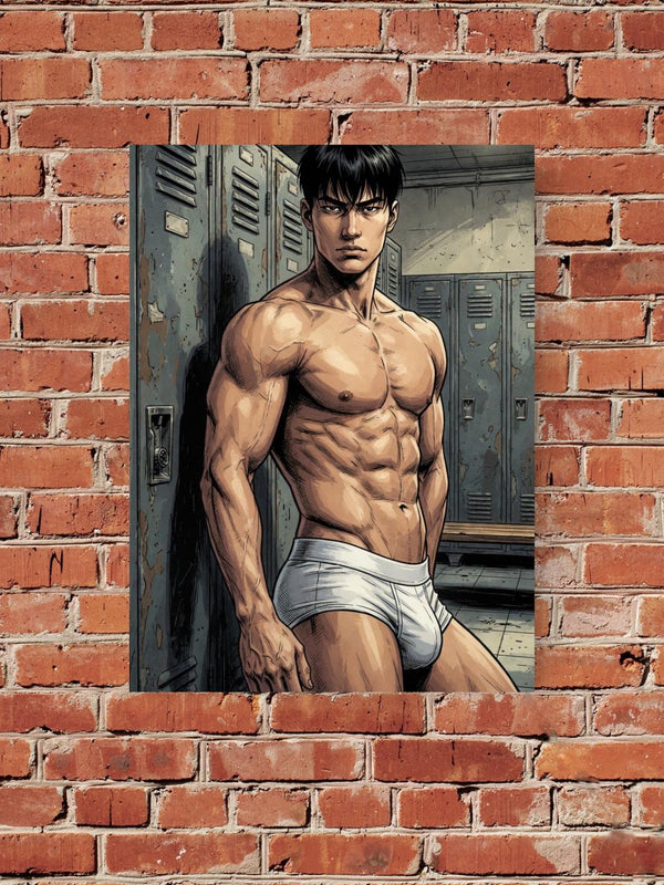 Manga Locker Room Print, Muscular Asian Man, Comic Fitness Art, Wall Decor