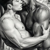 Male Couple Embrace Sketch Print, Romantic Manga Wall Art, Charcoal Illustration Poster
