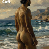 Muscular Male Fine Art Print, Naked Man Beach Oil Painting Poster, Classical Masculine Torso Wall Decor, Romantic Coastal Landscape Art