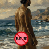 Muscular Male Fine Art Print, Naked Man Beach Oil Painting Poster, Classical Masculine Torso Wall Decor, Romantic Coastal Landscape Art