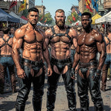 Gay Pride Leather Street Festival Art Print, Muscular Men Comic Illustration, Chaps and Harness LGBTQ+ Wall Decor, Moody SF Folsom Inspired