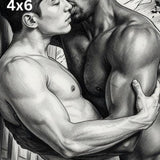 Male Couple Embrace Sketch Print, Romantic Manga Wall Art, Charcoal Illustration Poster
