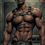 Leather Harness Black Man Art Print, Muscular Male Comic Poster, Athletic Jock Locker Room Wall Decor, Masculine Manga Illustration