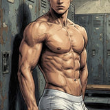 Manga Locker Room Print, Muscular Asian Man, Comic Fitness Art, Wall Decor