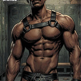 Leather Harness Black Man Art Print, Muscular Male Comic Poster, Athletic Jock Locker Room Wall Decor, Masculine Manga Illustration
