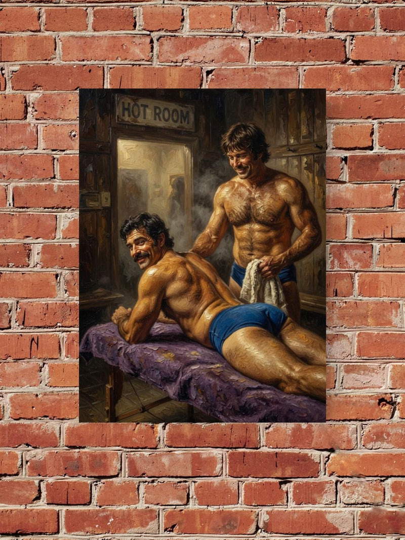 Masculine Impasto Oil Painting Print, Vintage Bathhouse Sauna Art Poster