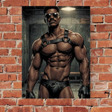 Leather Harness Black Man Art Print, Muscular Male Comic Poster, Athletic Jock Locker Room Wall Decor, Masculine Manga Illustration
