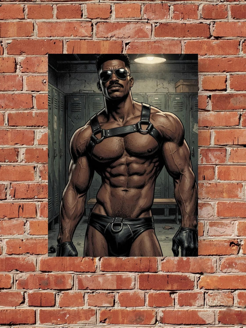Leather Harness Black Man Art Print, Muscular Male Comic Poster, Athletic Jock Locker Room Wall Decor, Masculine Manga Illustration