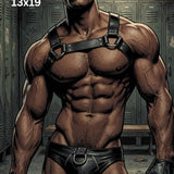 Leather Harness Black Man Art Print, Muscular Male Comic Poster, Athletic Jock Locker Room Wall Decor, Masculine Manga Illustration