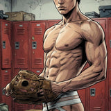 Muscular Baseball Player Print, Manga Locker Room Wall Art, Athletic Comic Illustration