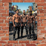 Gay Pride Leather Street Festival Art Print, Muscular Men Comic Illustration, Chaps and Harness LGBTQ+ Wall Decor, Moody SF Folsom Inspired