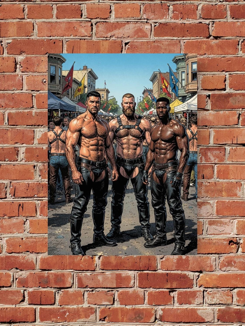 Gay Pride Leather Street Festival Art Print, Muscular Men Comic Illustration, Chaps and Harness LGBTQ+ Wall Decor, Moody SF Folsom Inspired