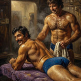 Masculine Impasto Oil Painting Print, Vintage Bathhouse Sauna Art Poster