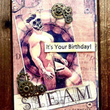 Handmade NSFW Steampunk Birthday Card, Alloy Gear Accents