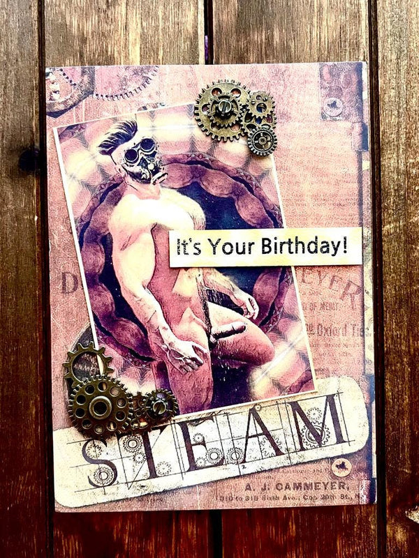 Handmade NSFW Steampunk Birthday Card, Alloy Gear Accents