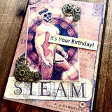 Handmade NSFW Steampunk Birthday Card, Alloy Gear Accents