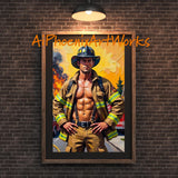 Firefighter Art Print Set: Heroic Muscle Pin-Up Decor