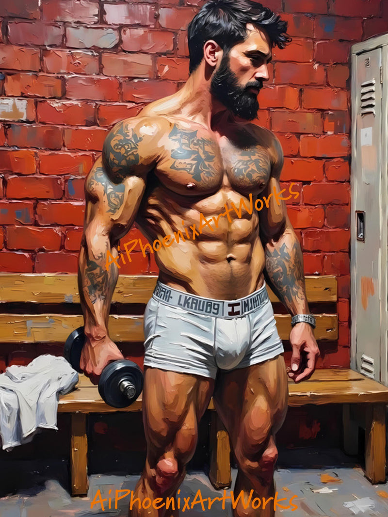 Iron Flesh Gym Art Print: Tattooed Male Erotic Fitness Poster