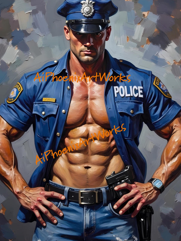 Sexy Policeman Wall Art PRINT | Male Pin-Up Painting, Modern Gay Art Decor | AiPhoenixArtWorks