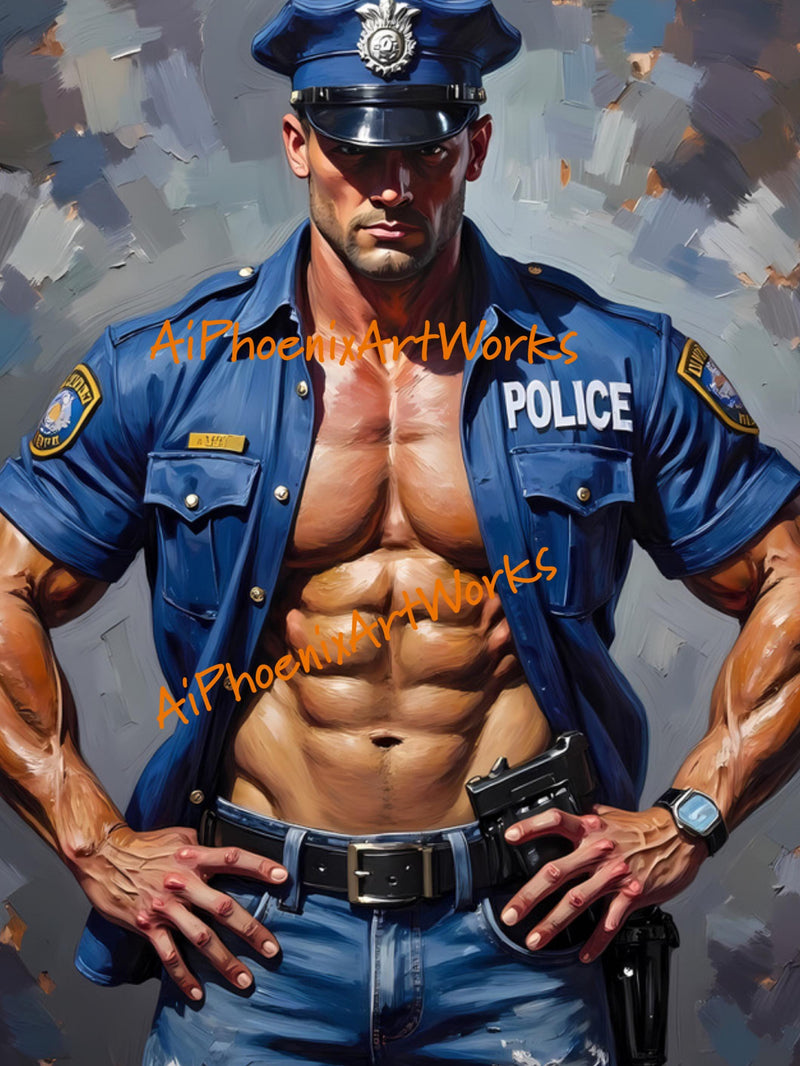 Sexy Policeman Wall Art PRINT | Male Pin-Up Painting, Modern Gay Art Decor | AiPhoenixArtWorks