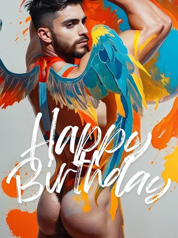Happy Birthday Greeting Card | Male Nude Art with Wings PRINT | Colorful Gay Birthday Card | Mature Content | Single or 5-Pack