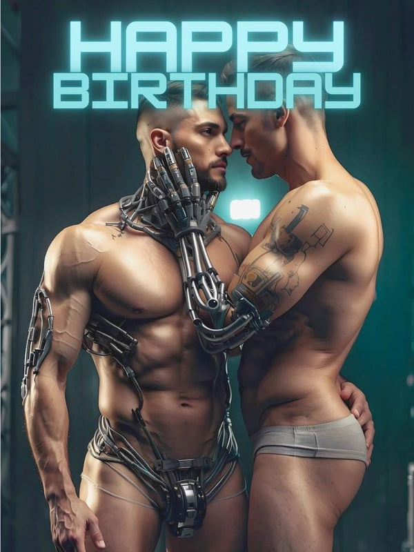 Gay Couple Sci-Fi Birthday Card: Futuristic LGBTQ+ Art Print