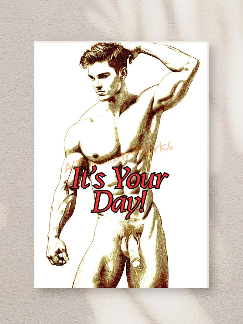 NSFW Male Pin-Up Artistic Celebrate Card | 4x6 Adult Greeting Card with Envelope | Blank Inside | Single or Set