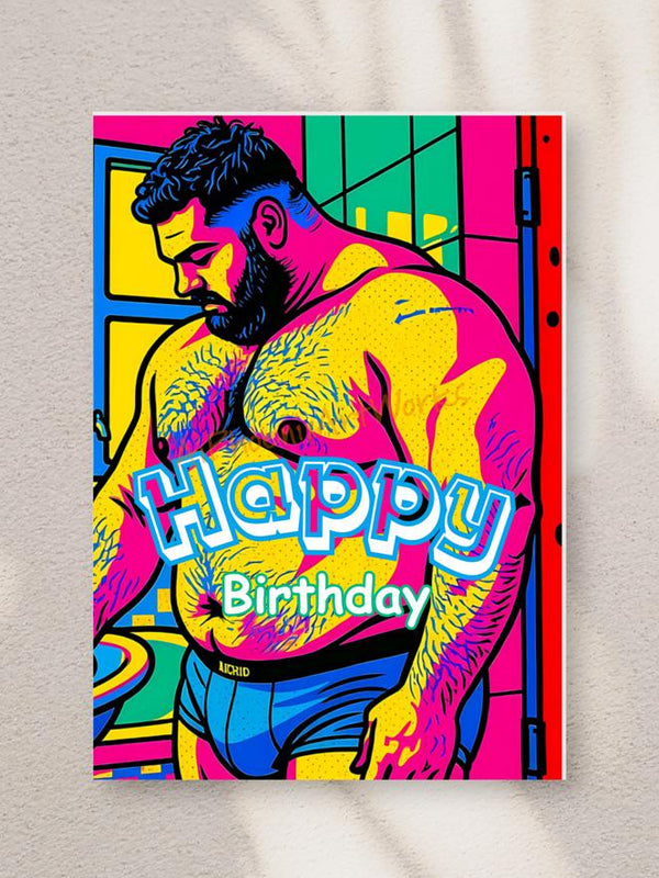 Beefcake Pop-Art Birthday Bear – 5x7 Folded Greeting Card