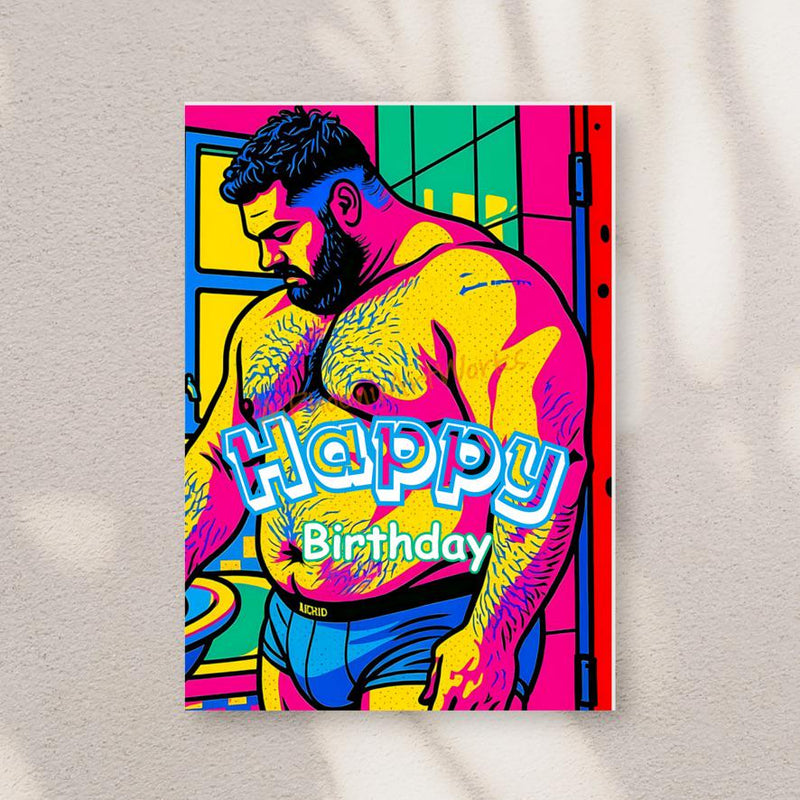 Beefcake Pop-Art Birthday Bear – 5x7 Folded Greeting Card