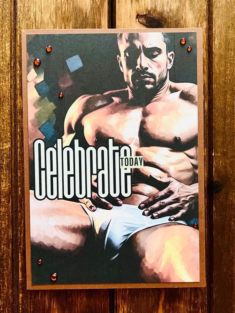 Handmade NSFW Handsome Man in Briefs with Brown Gems Celebrate Today Card, Adult Greeting Card