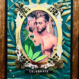 Handmade Gay Couple Gold Frame with Leaf and Jungle Motif Celebrate Card, Adult Greeting Card