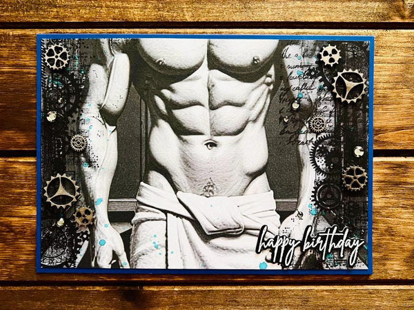 Handmade NSFW Male Physique Steampunk Gears Birthday Card, Adult Greeting Card