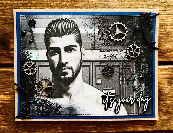 Handmade Handsome Man Steampunk Gears It’s Your Day Card, Alloy Gear Accents, Sexy Goth Gift, Adult Greeting Card, Industrial Vintage