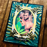 Handmade Gay Couple Gold Frame with Leaf and Jungle Motif Celebrate Card, Adult Greeting Card