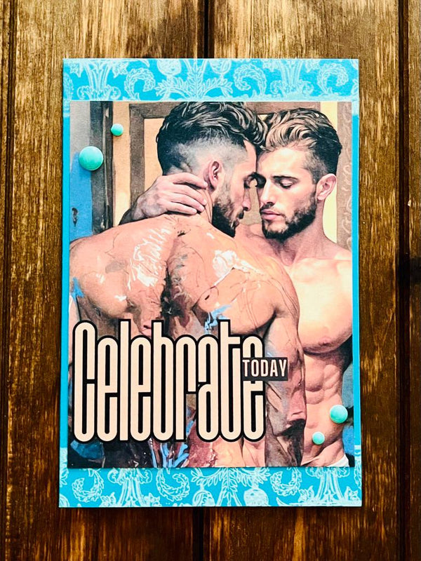 Handmade NSFW Gay Couple Celebrate Today Teal Card, Adult Greeting Card