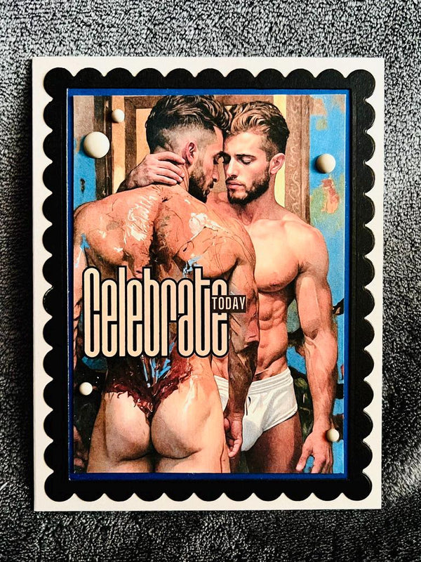 Handmade NSFW Gay Couple Scalloped Black Frame Celebrate Today Card, Adult Greeting Card