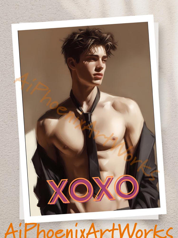 Romantic Greeting Card | Shirtless Man XOXOXO | Sexy Gay Valentine | LGBTQ Hugs Kisses | 5x7, Single/5-Pack