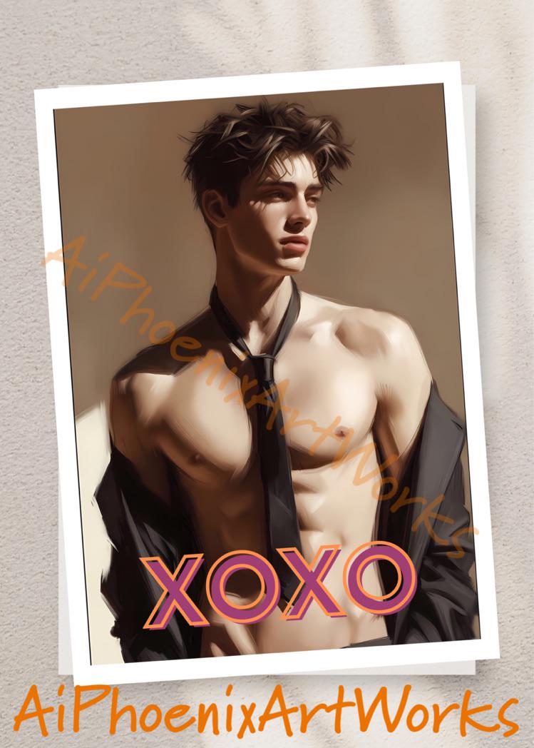 Romantic Greeting Card | Shirtless Man XOXOXO | Sexy Gay Valentine | LGBTQ Hugs Kisses | 5x7, Single/5-Pack