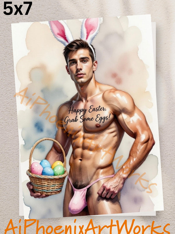 NSFW Greeting Card | Happy Easter Grab Eggs Bunny | Cheeky Muscle Hunk Pun | Gay Erotic Holiday | Single or 5-Pack